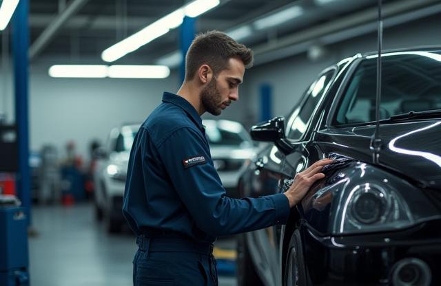 Mechanic working on a car in a service bay at Mike's Auto